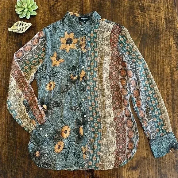 Desigual | “Rodano” Button Down Mixed Print Blouse - Picture 4 of 10